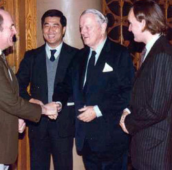 Peter Po, Sir John Keswick and David Mathew greeting foreign dignitaries at one of their huge Beijing banquets in the early Eighties